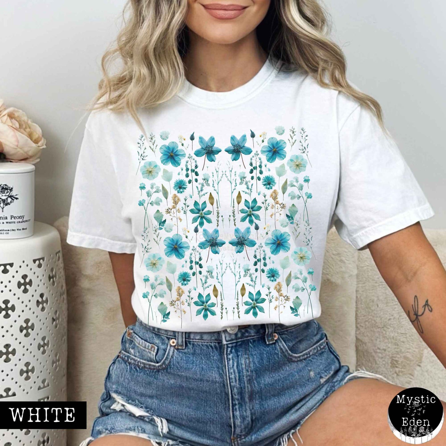 T-Shirt White / S Vintage turquoise wildflower shirt The Mystic Eden