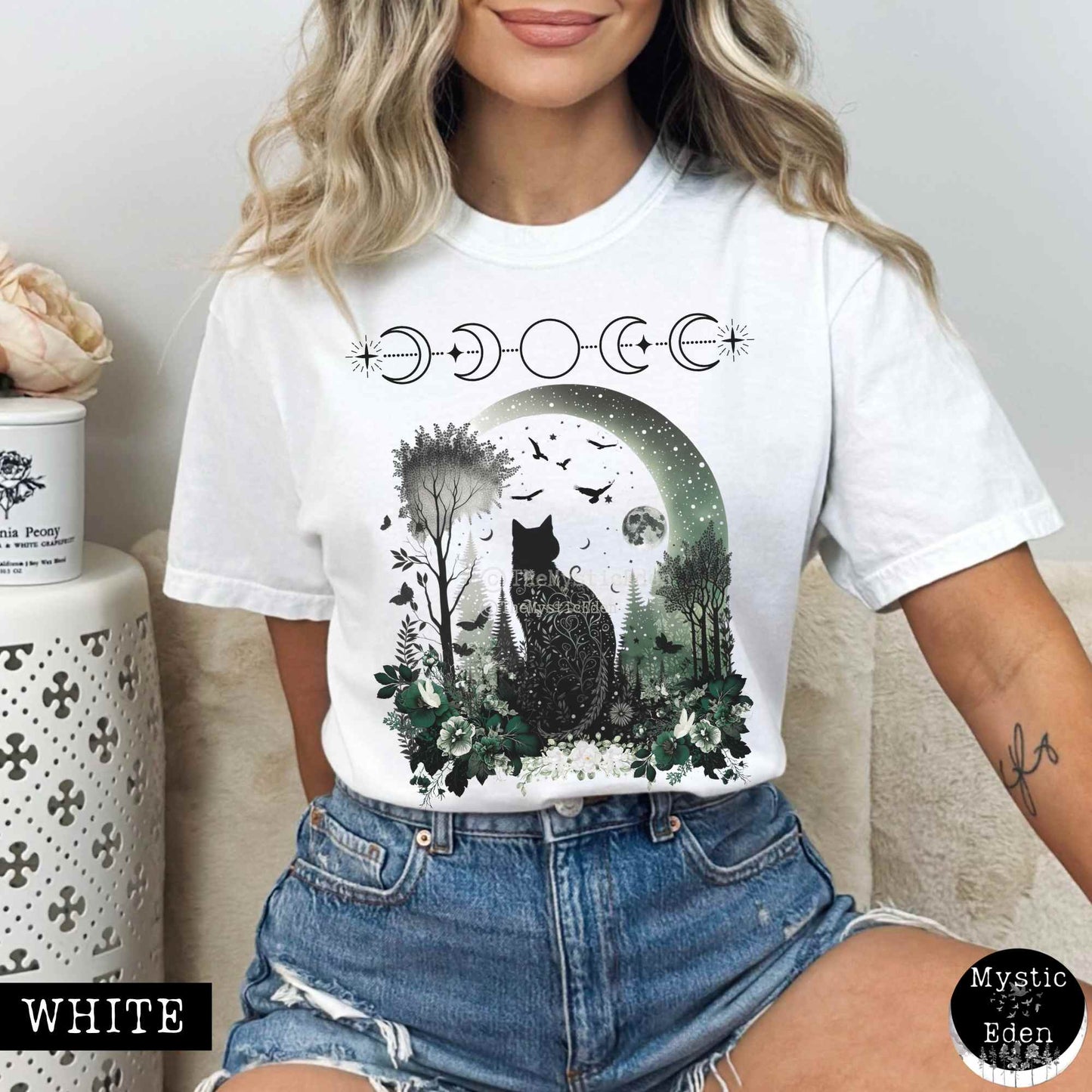 T-Shirt White / S Vintage Witchy Black Cat Shirt The Mystic Eden