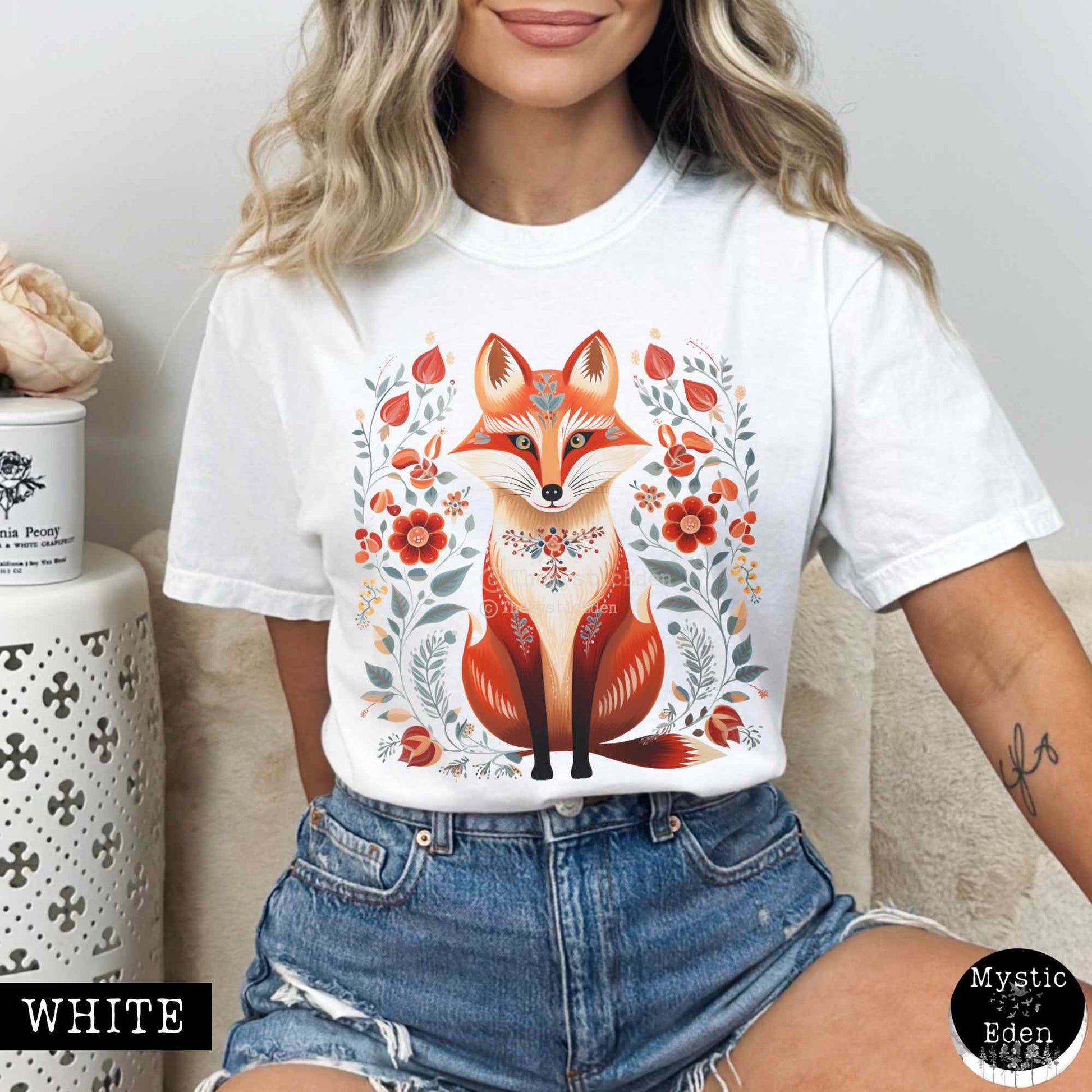 T-Shirt White / S Whimsical Scandinavian Folk Art Fox Shirt The Mystic Eden