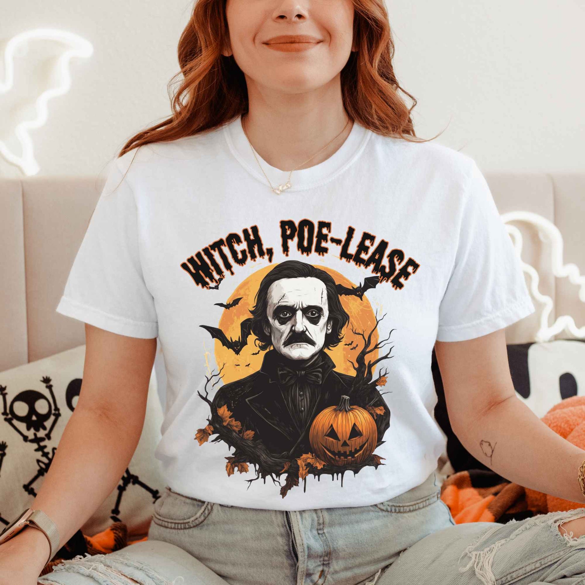 T-Shirt White / S Witch Poe-lease Edgar Allan Poe Halloween Shirt The Mystic Eden