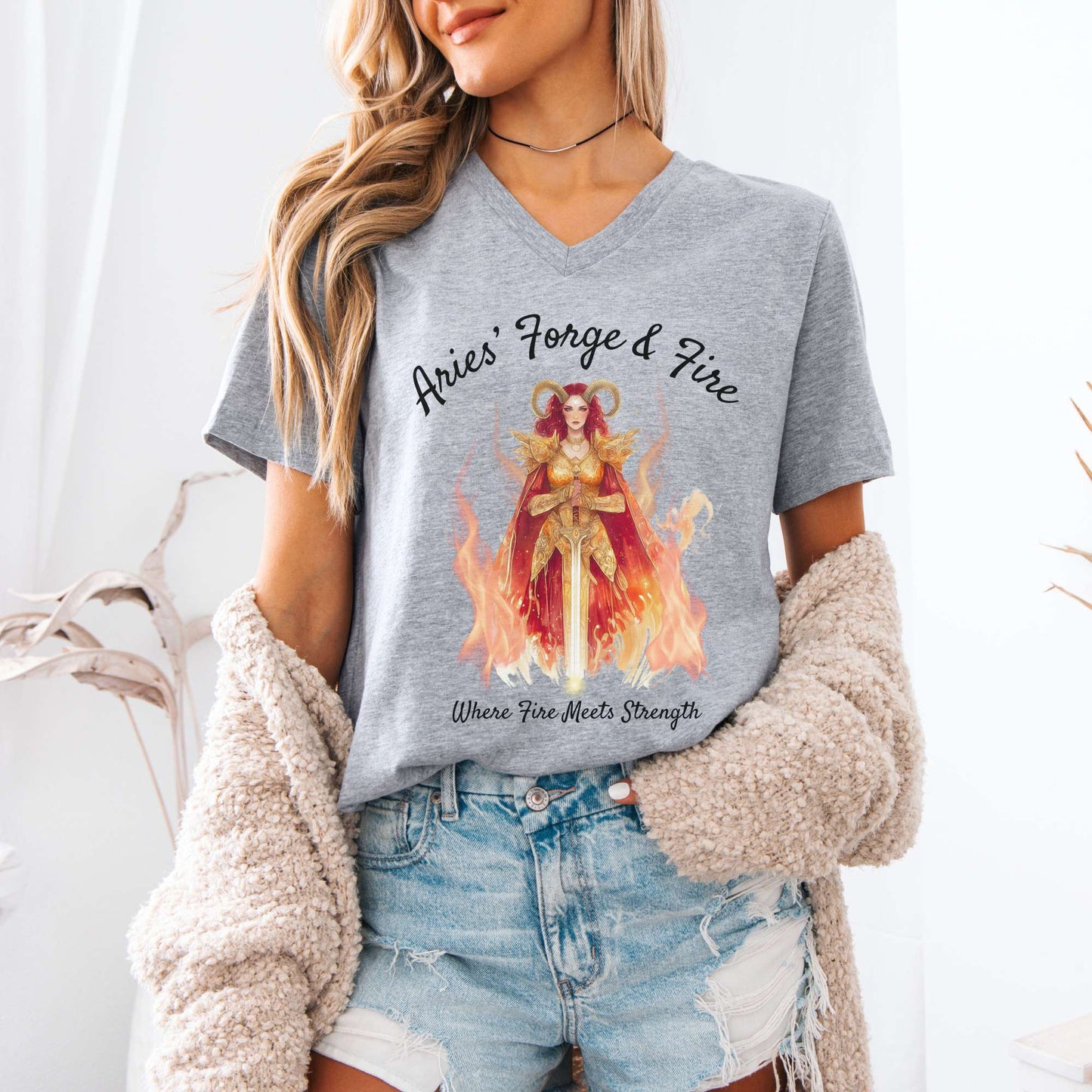 V-neck Aries' Forge & Fire Zodiac V-Neck Tee The Mystic Eden