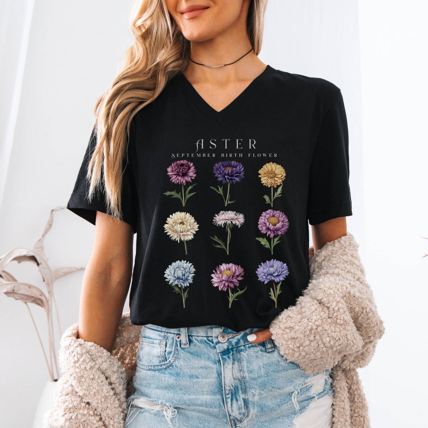 V-neck Aster September Birth Month Flower V-Neck Tee The Mystic Eden