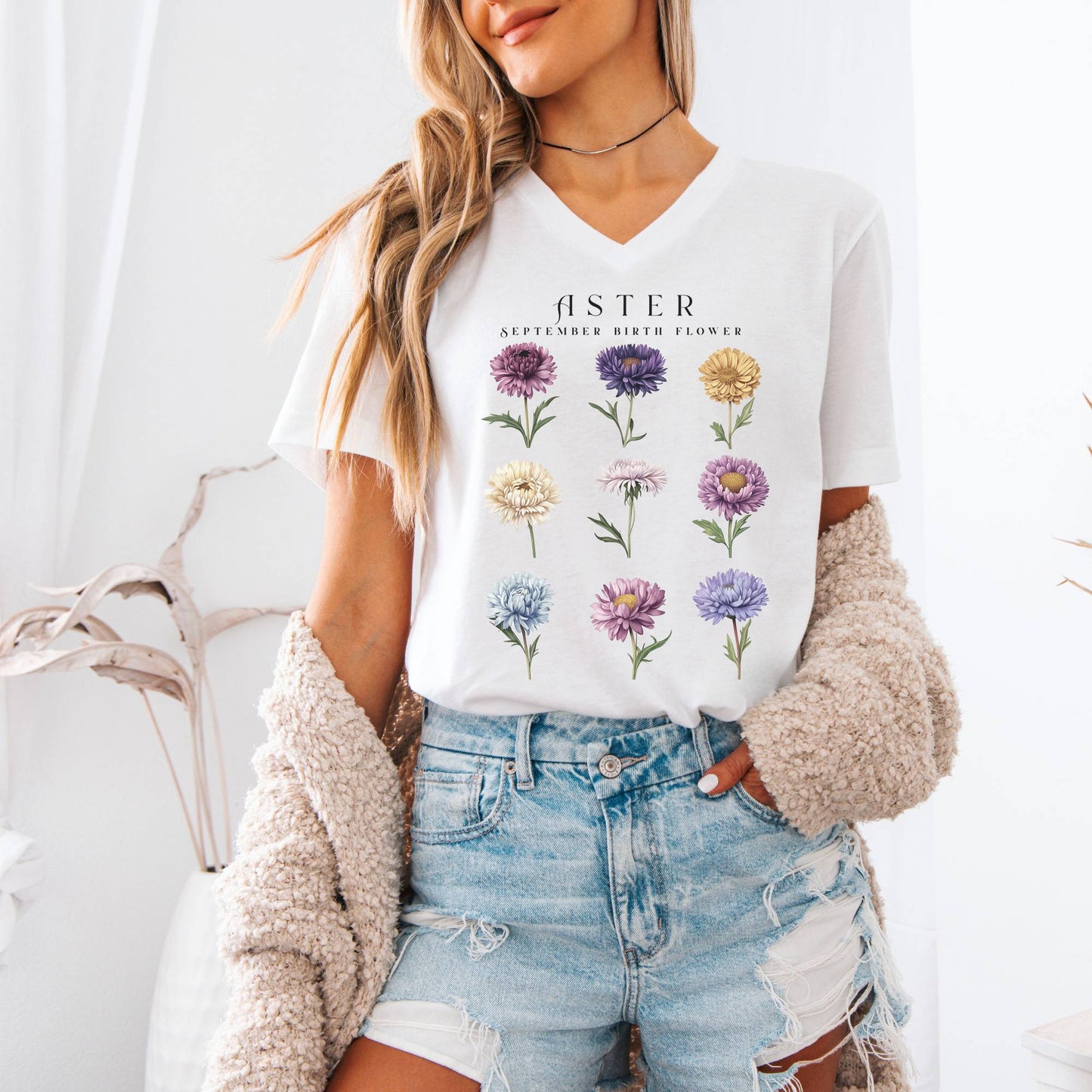 V-neck Aster September Birth Month Flower V-Neck Tee The Mystic Eden
