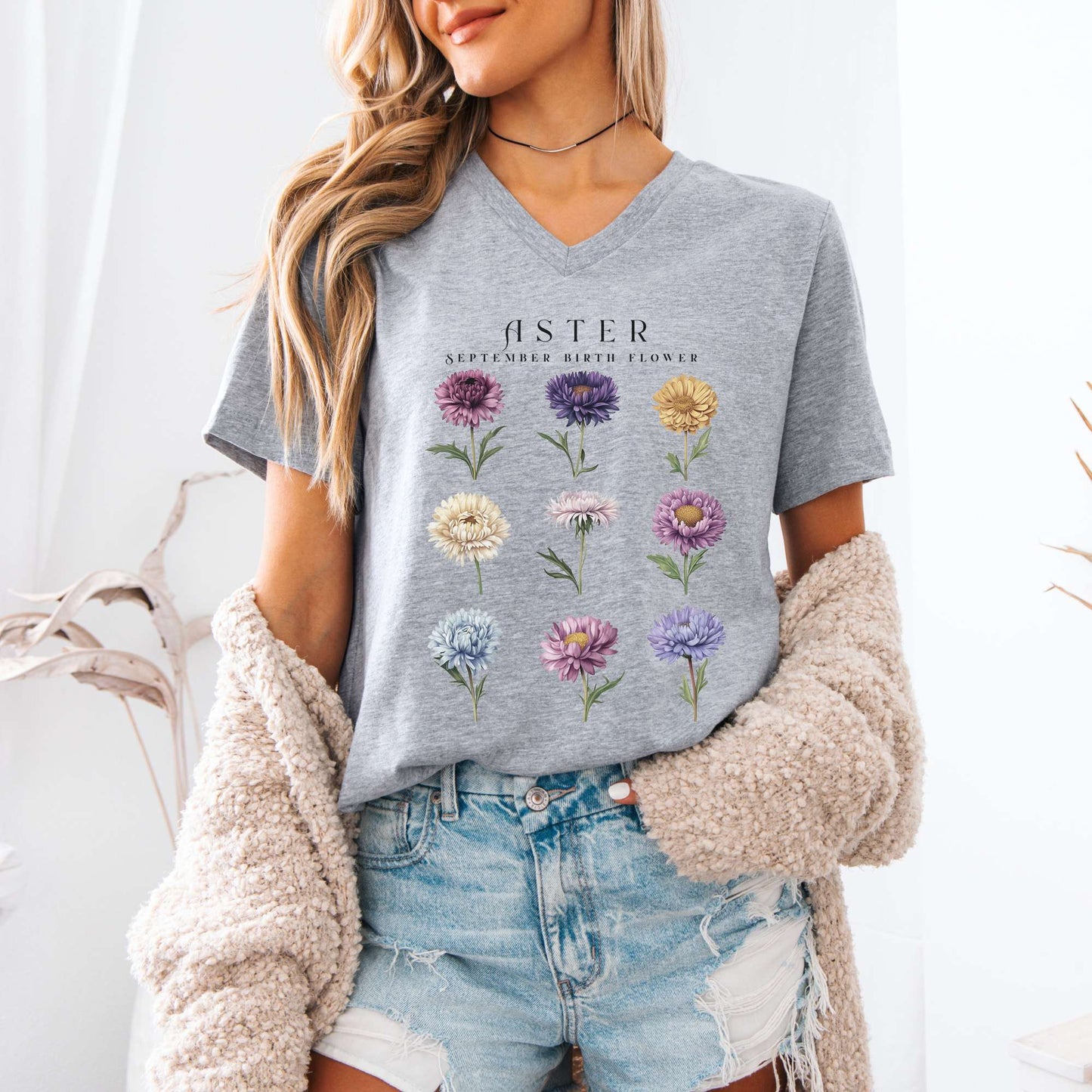 V-neck Aster September Birth Month Flower V-Neck Tee The Mystic Eden