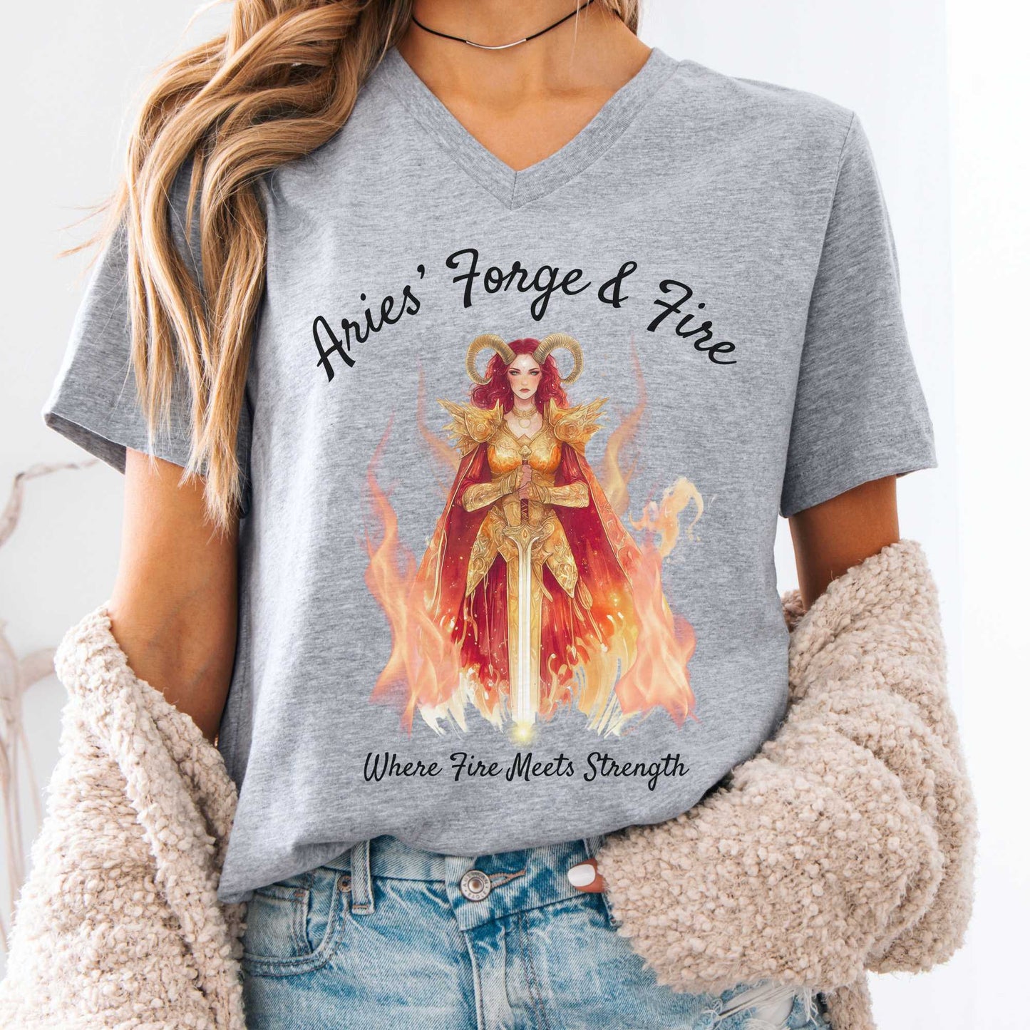 V-neck Athletic Heather / S Aries' Forge & Fire Zodiac V-Neck Tee The Mystic Eden