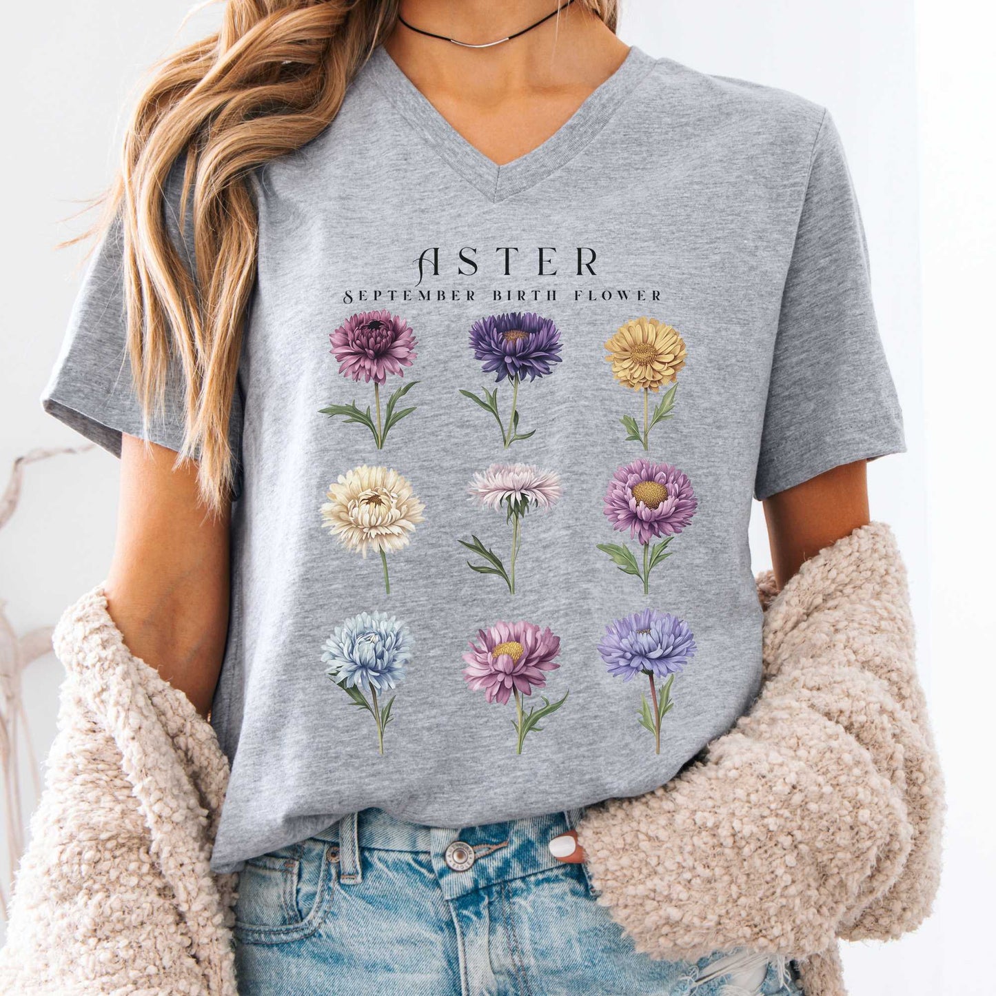 V-neck Athletic Heather / S Aster September Birth Month Flower V-Neck Tee The Mystic Eden
