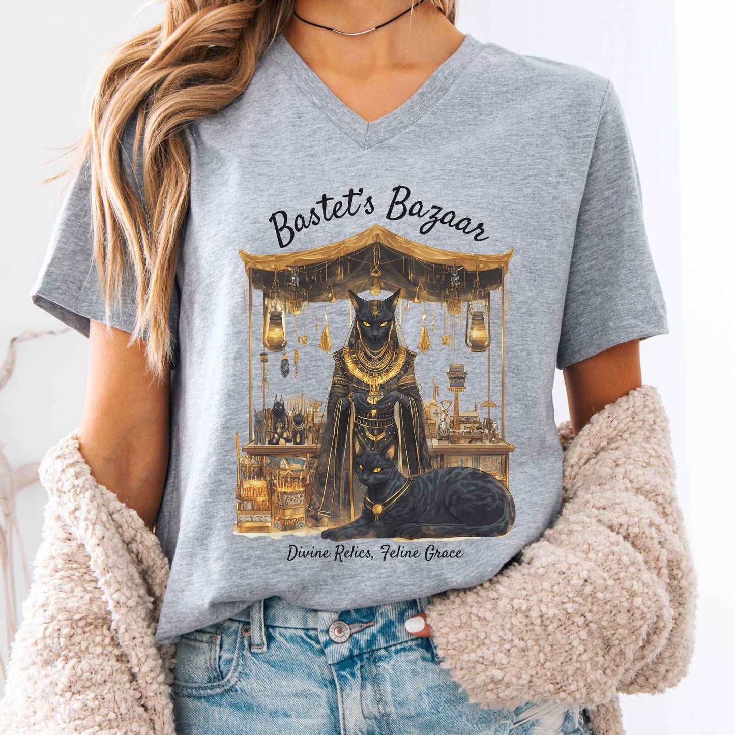 V-neck Athletic Heather / S Bastet's Bazaar Goddess V-Neck Tee The Mystic Eden