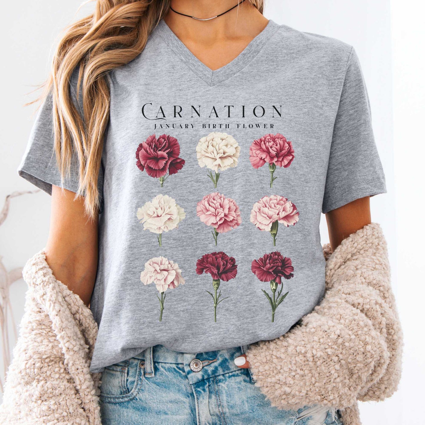 V-neck Athletic Heather / S Carnation January Birth Month Flower V-Neck Tee The Mystic Eden