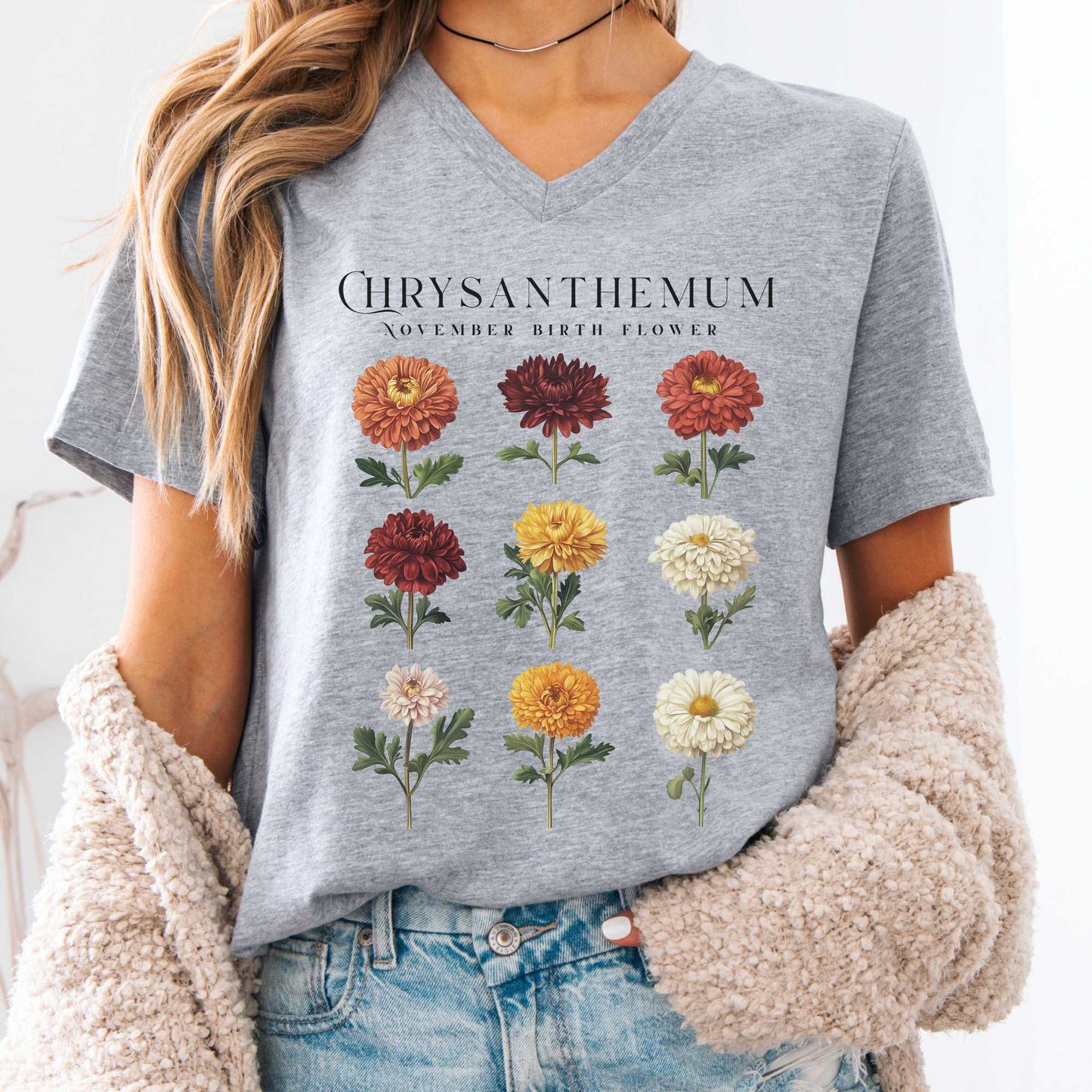 V-neck Athletic Heather / S Chrysanthemum November Birth Month Flower V-Neck Tee The Mystic Eden