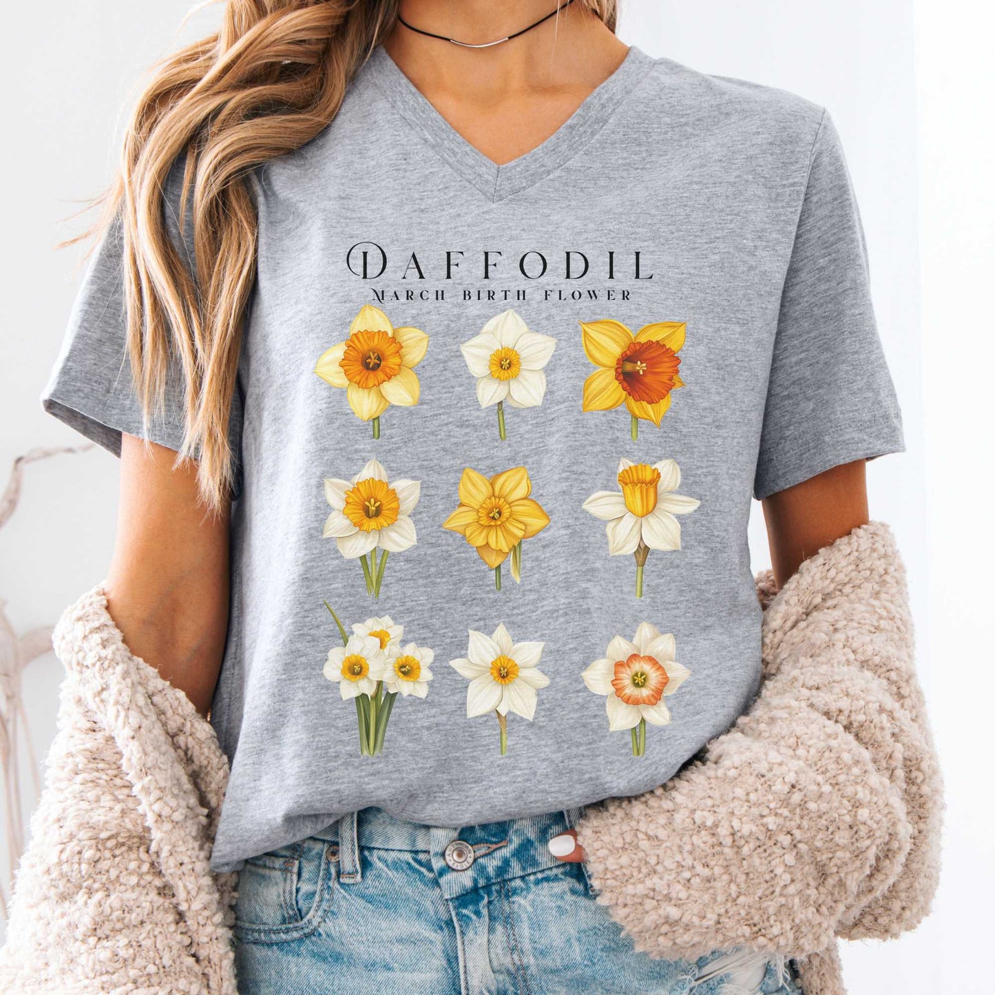 V-neck Athletic Heather / S Daffodil March Birth Month Flower V-Neck Tee The Mystic Eden
