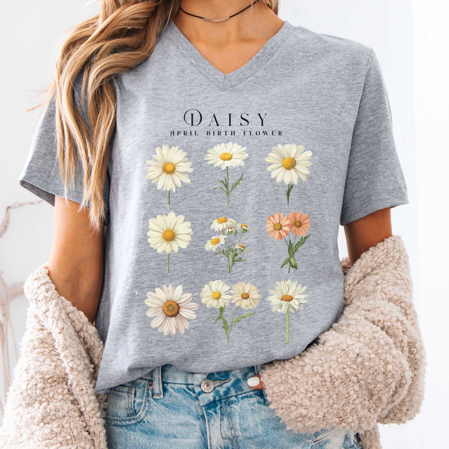 V-neck Athletic Heather / S Daisy April Birth Month Flower V-Neck Tee The Mystic Eden