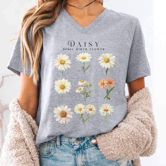 V-neck Athletic Heather / S Daisy April Birth Month Flower V-Neck Tee The Mystic Eden