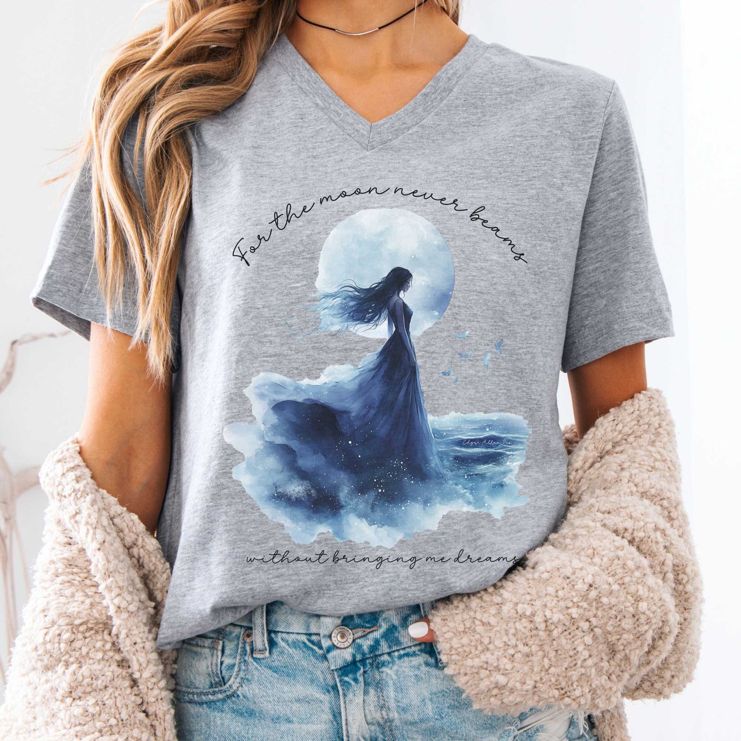 V-neck Athletic Heather / S For The Moon Never Beams Without Giving Me Dreams Edgar Allan Poe V-Neck Tee The Mystic Eden