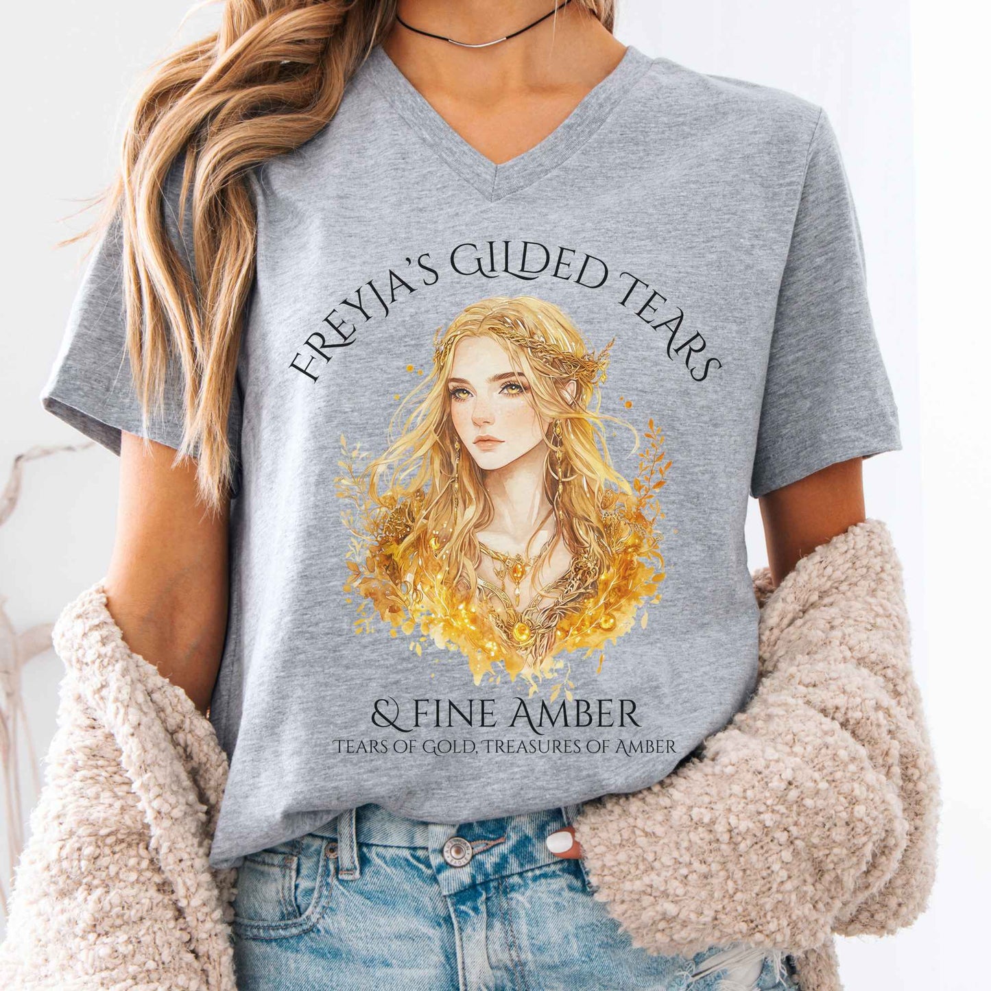 V-neck Athletic Heather / S Freyja's Gilded Tears & Fine Amber V-Neck Tee The Mystic Eden