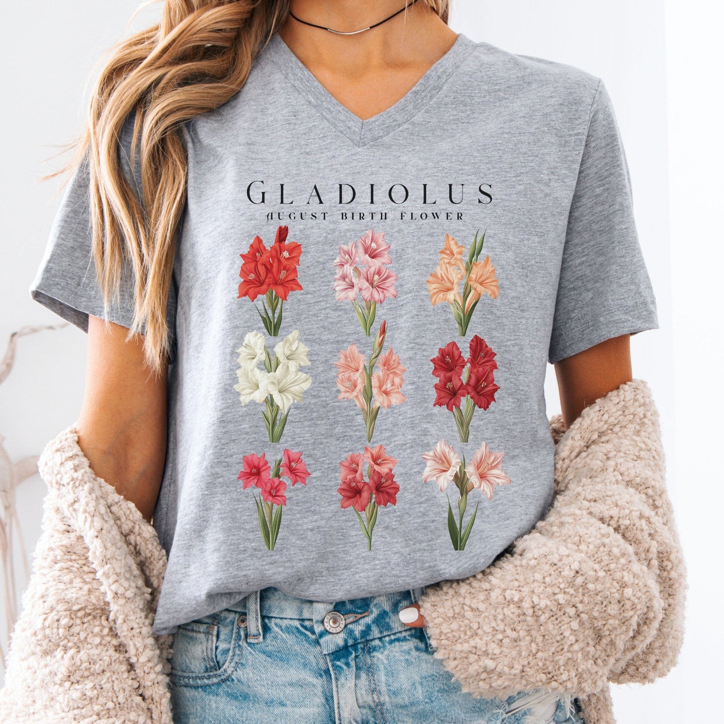 V-neck Athletic Heather / S Galdiolus August Birth Month Flower V-Neck Tee The Mystic Eden