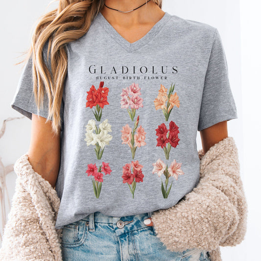 V-neck Athletic Heather / S Galdiolus August Birth Month Flower V-Neck Tee The Mystic Eden