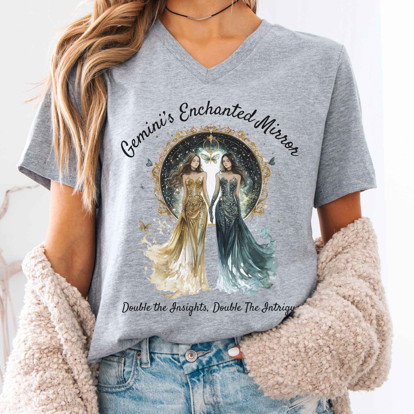 V-neck Athletic Heather / S Gemini's Enchanted Mirror Zodiac V-Neck Tee The Mystic Eden