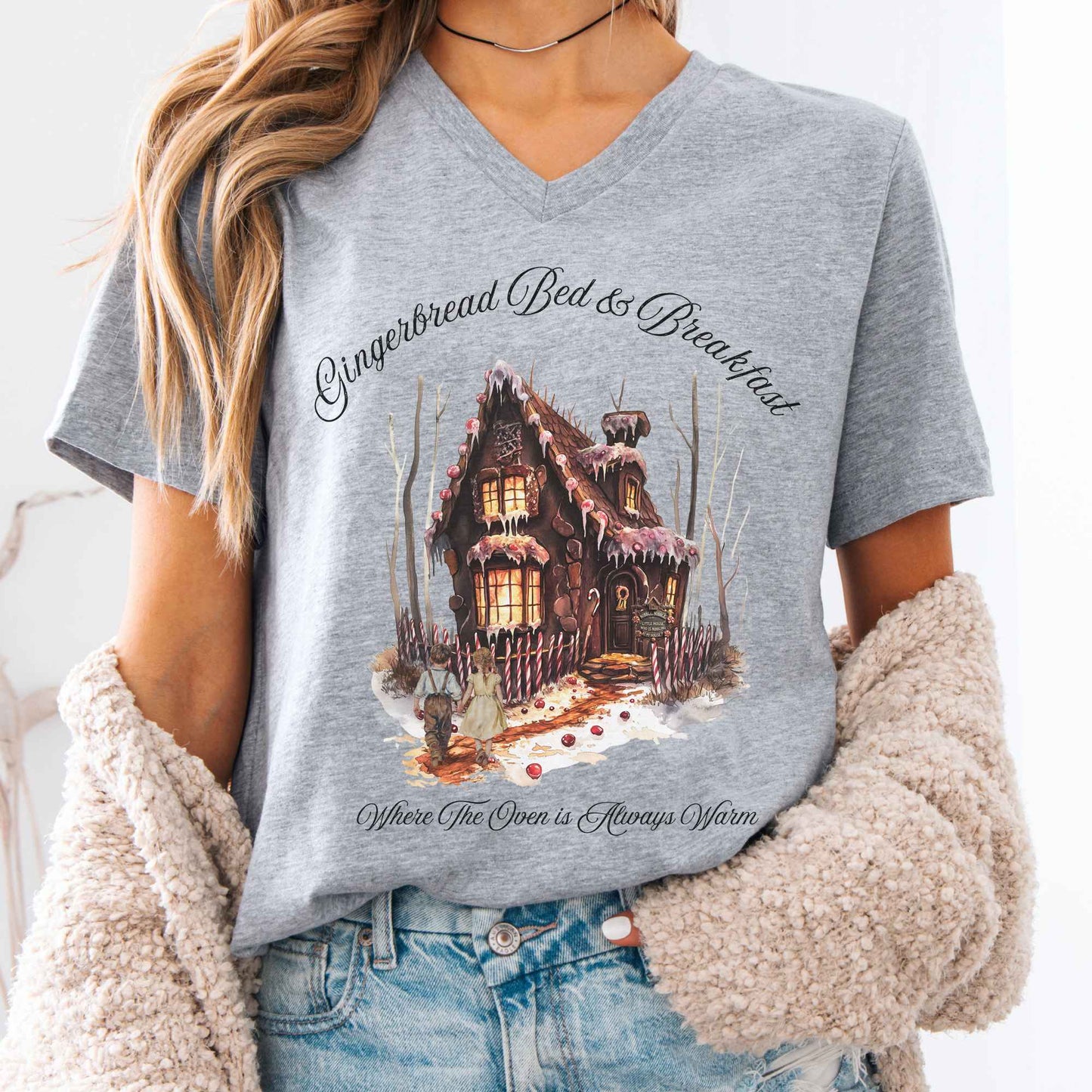 V-neck Athletic Heather / S Gingerbread Bed & Breakfast Hansel & Gretel Fairytale V-Neck Tee The Mystic Eden