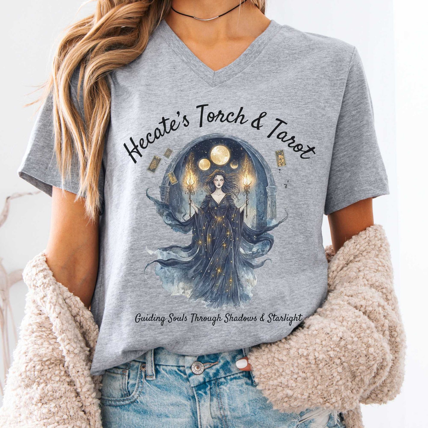 V-neck Athletic Heather / S Hecate's Torch & Tarot V-Neck Tee The Mystic Eden