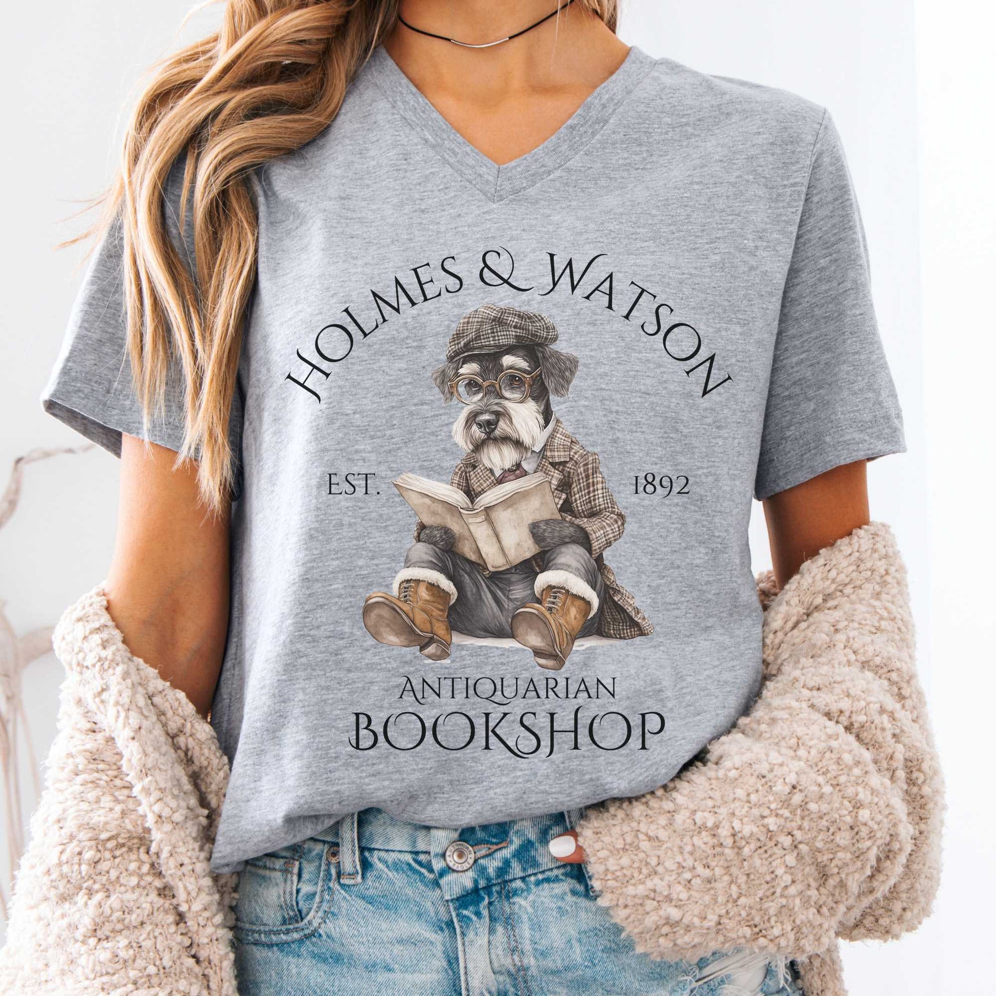 V-neck Athletic Heather / S Holmes & Watson Antiquarian Bookshop Dog Sherlock V-Neck Tee The Mystic Eden