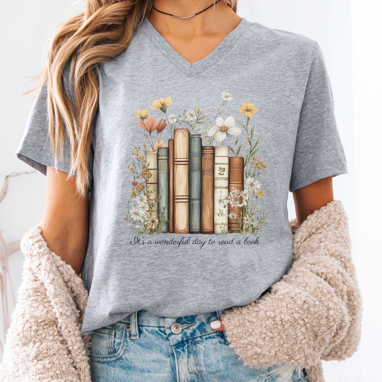 V-neck Athletic Heather / S It's A Wonderful Day To Read A Book Bookish V-Neck Tee The Mystic Eden