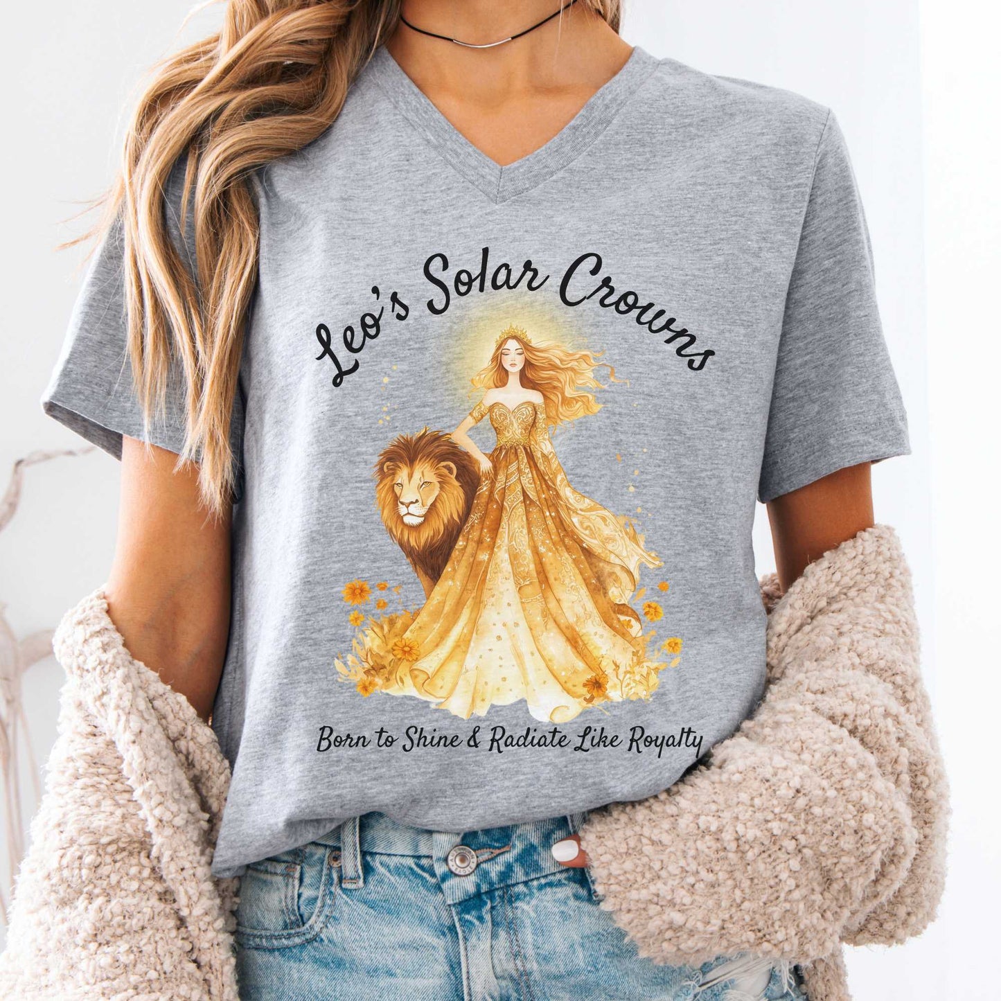 V-neck Athletic Heather / S Leo's Solar Crowns Zodiac V-Neck Tee The Mystic Eden