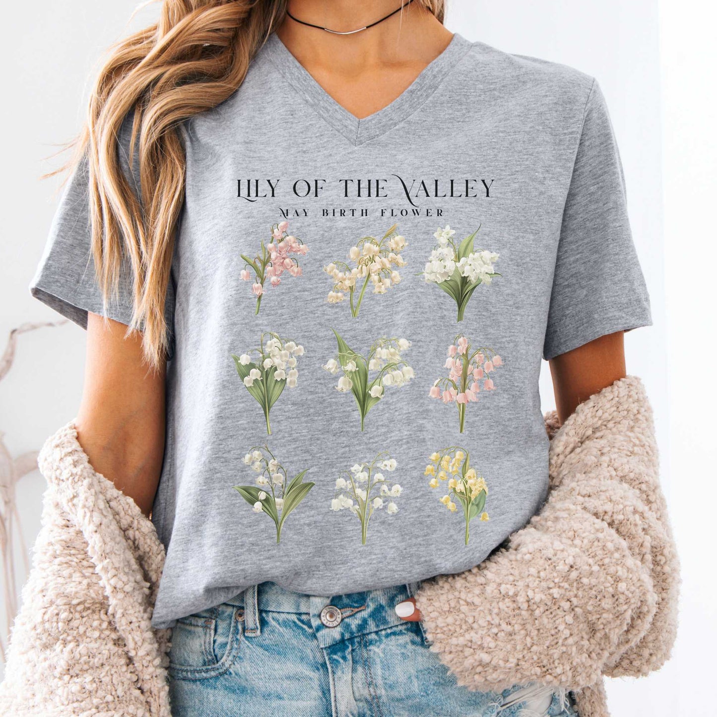 V-neck Athletic Heather / S Lily of The Valley May Birth Month Flower V-Neck Tee The Mystic Eden