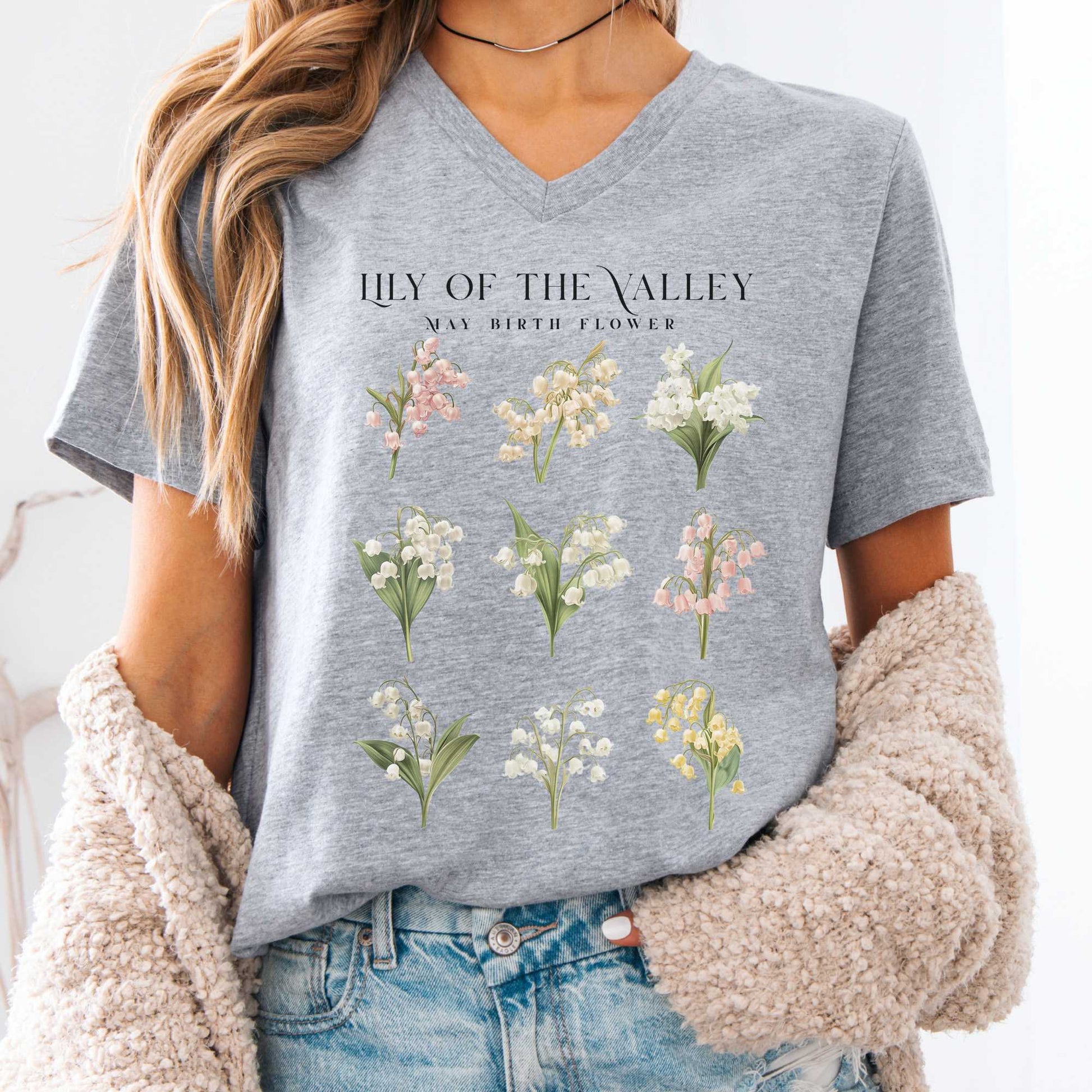V-neck Athletic Heather / S Lily of The Valley May Birth Month Flower V-Neck Tee The Mystic Eden