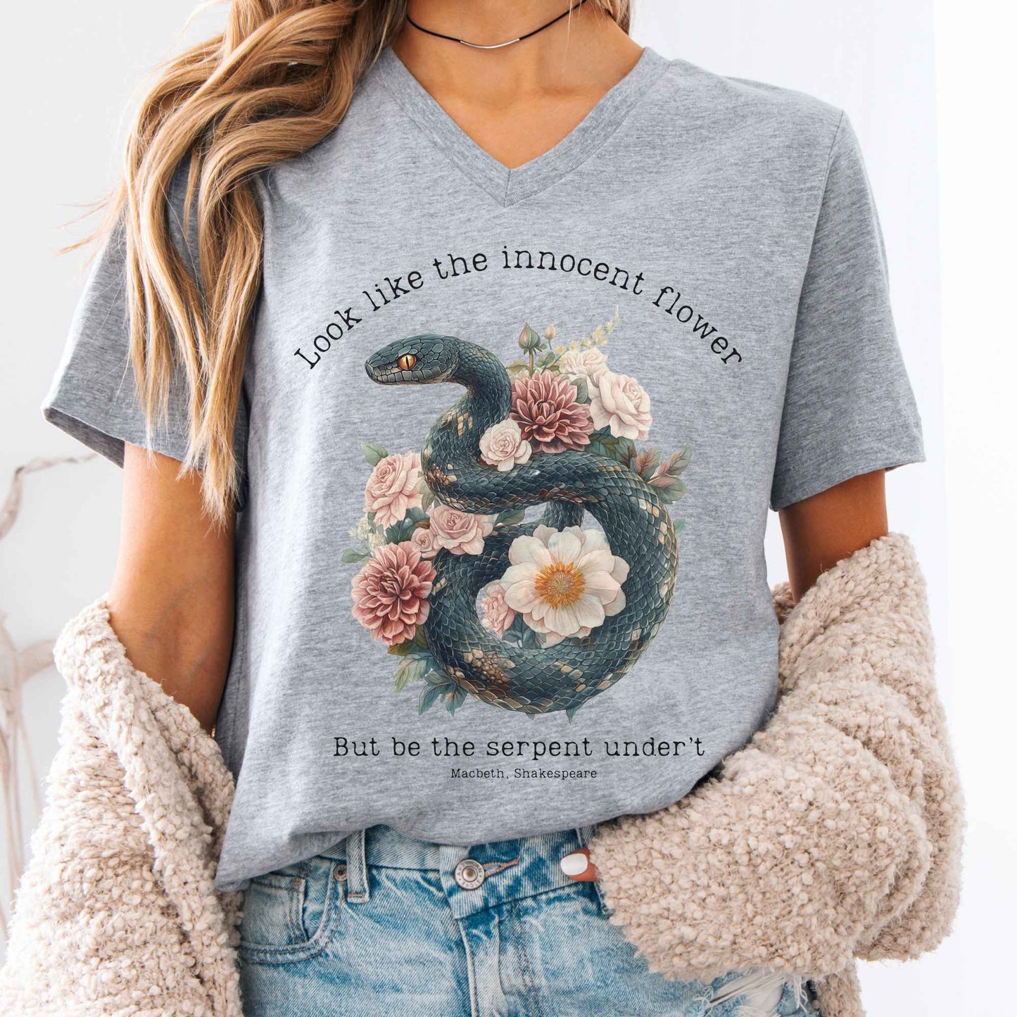 V-neck Athletic Heather / S Look Like The Innocent Flower But Be The Serpent Under't Shakespeare V-Neck Tee The Mystic Eden