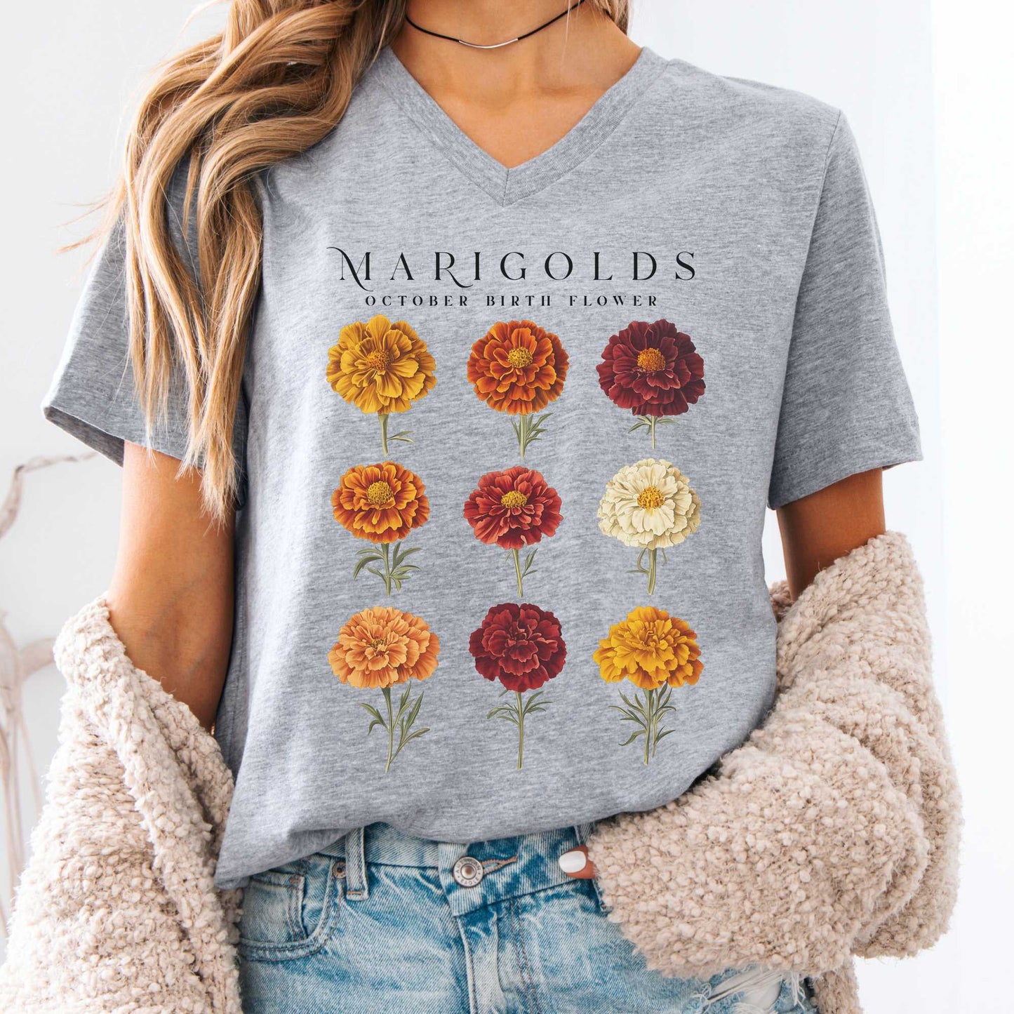 V-neck Athletic Heather / S Marigolds October Birth Month Flower V-Neck Tee The Mystic Eden
