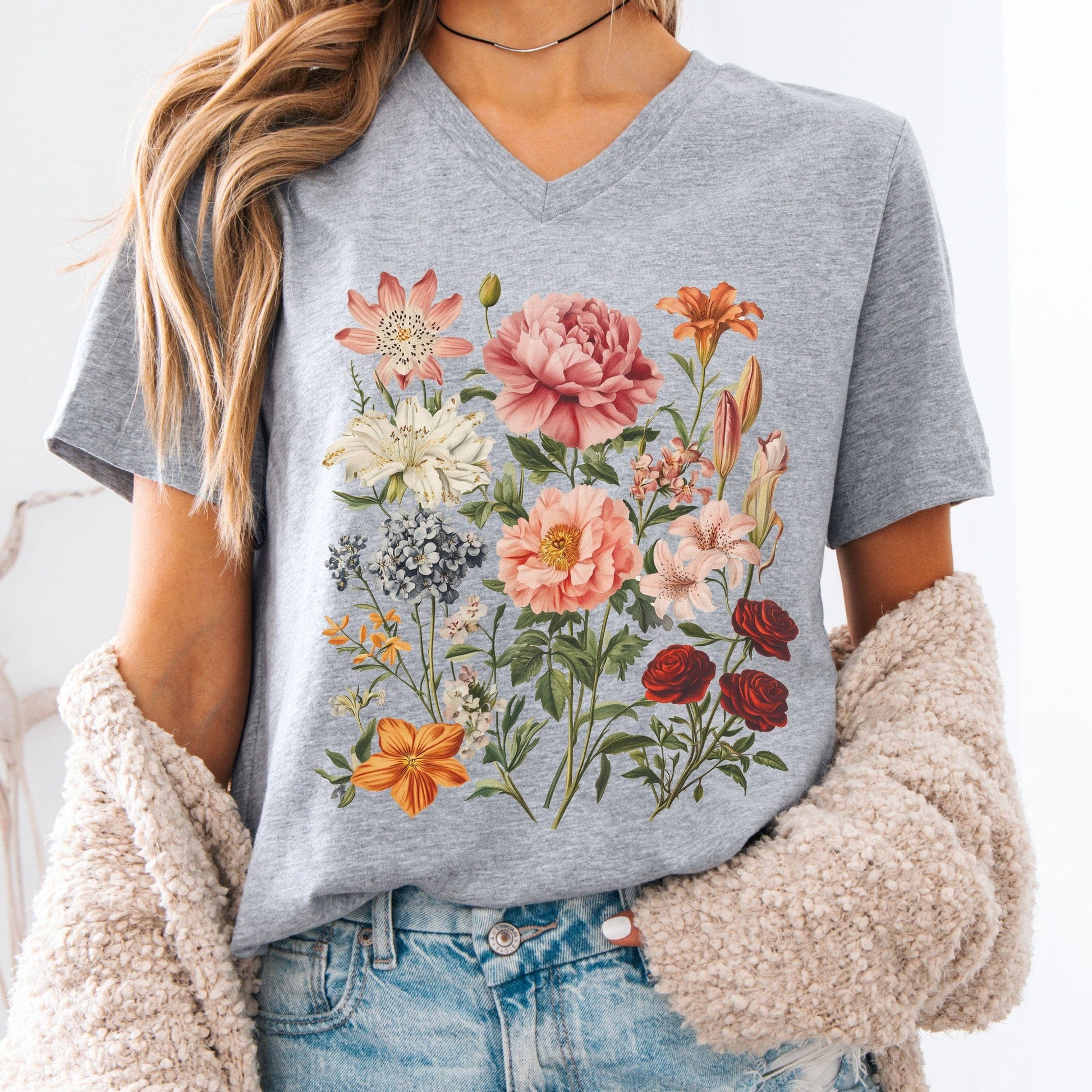 V-neck Athletic Heather / S Mixed Floral V-Neck Tee The Mystic Eden