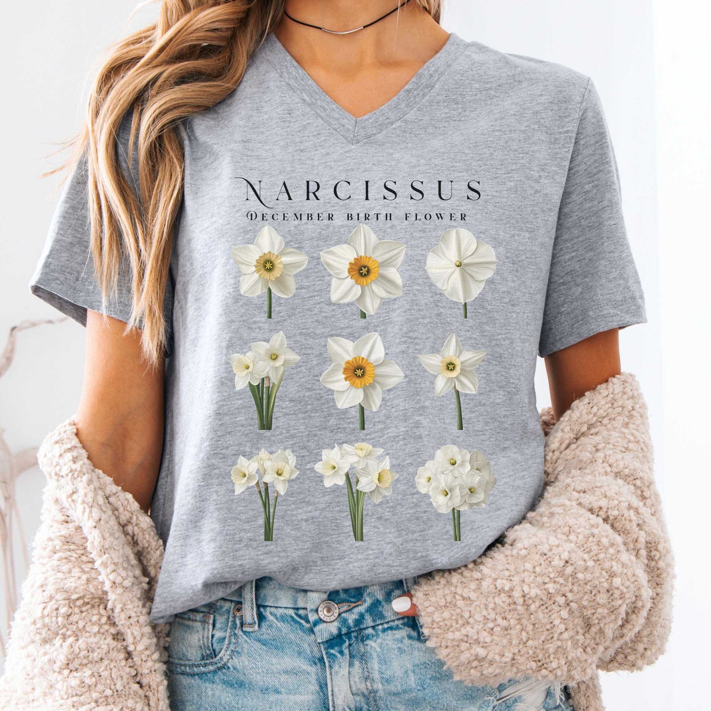 V-neck Athletic Heather / S Narcissus December Birth Month Flower V-Neck Tee The Mystic Eden
