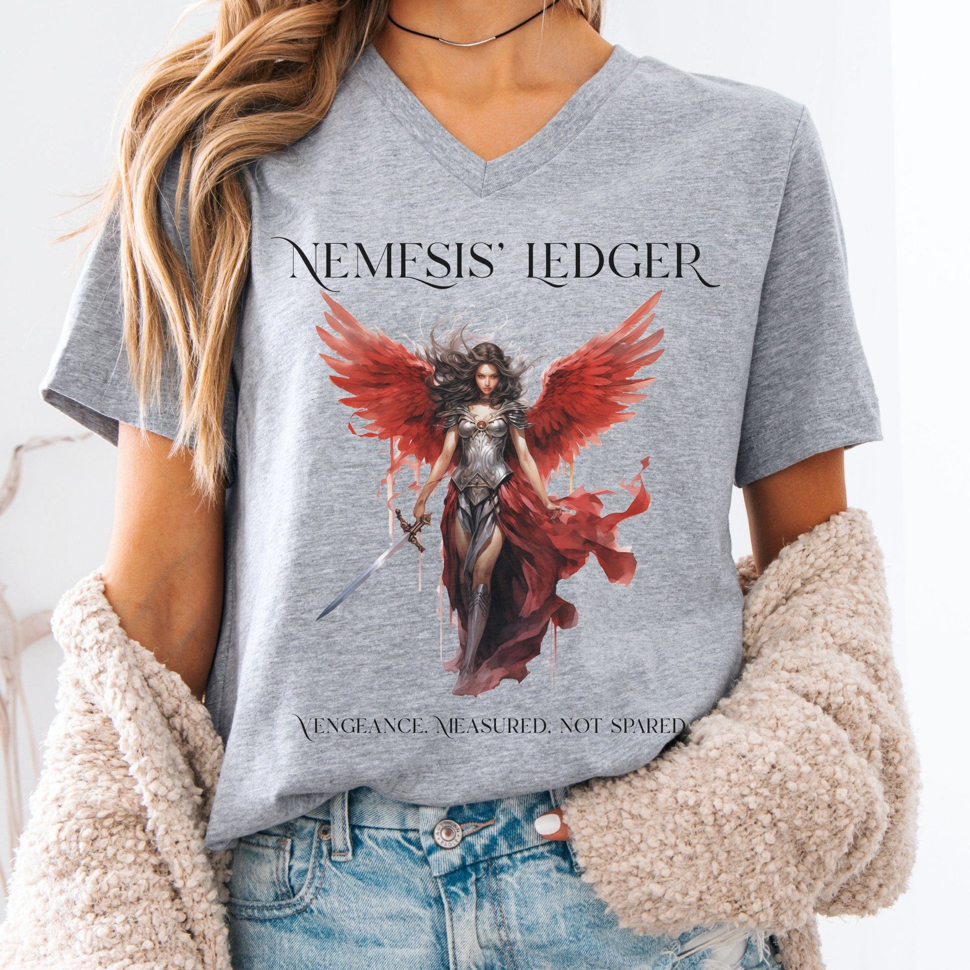 V-neck Athletic Heather / S Nemesis' Ledger V-Neck Tee โ Goddess of Justice Tee The Mystic Eden