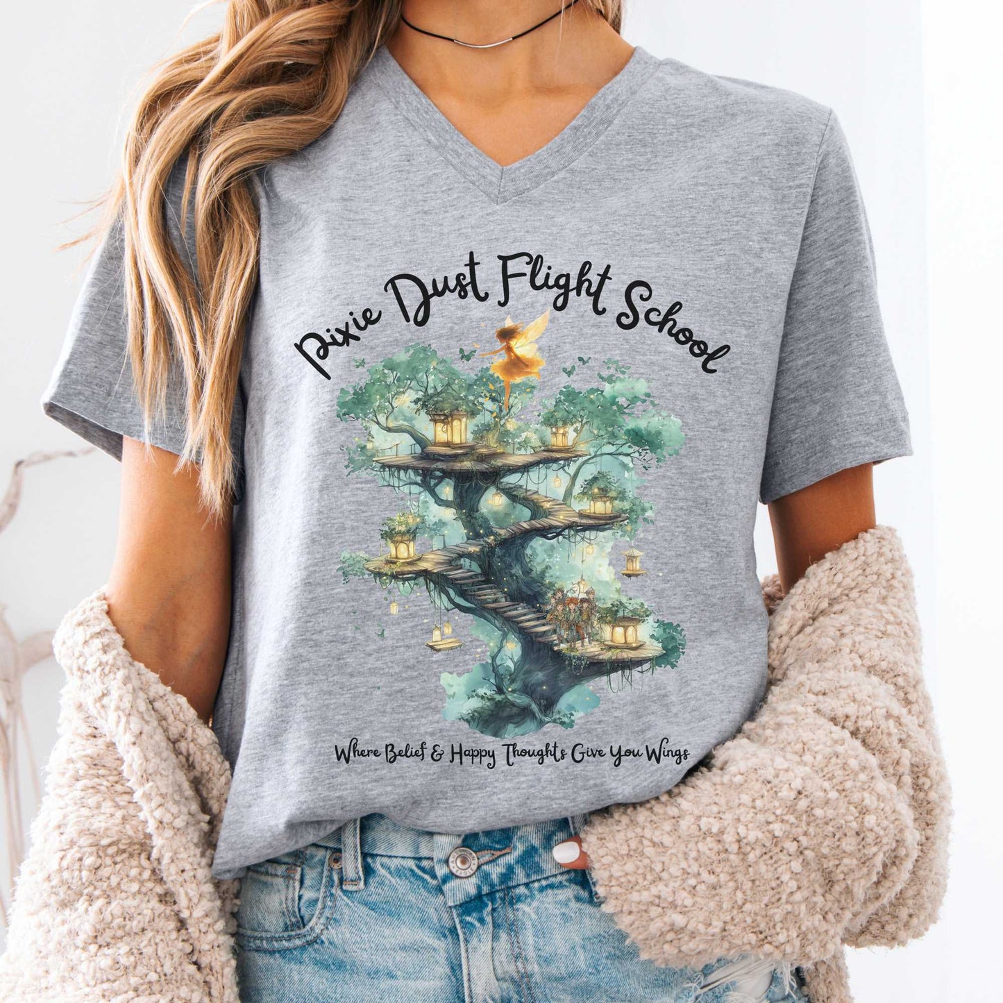 V-neck Athletic Heather / S Pixie Dust Flight School J M Barrie's Peter Pan V-Neck Tee The Mystic Eden