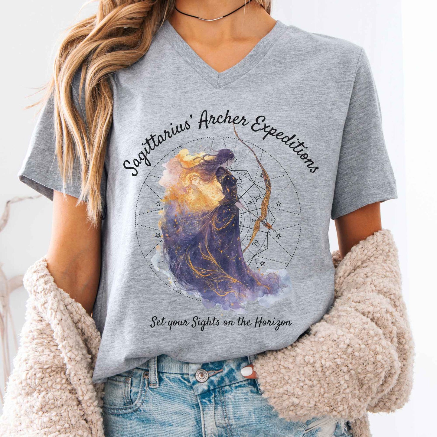 V-neck Athletic Heather / S Sagittarius' Archer Expeditions Zodiac V-Neck Tee The Mystic Eden