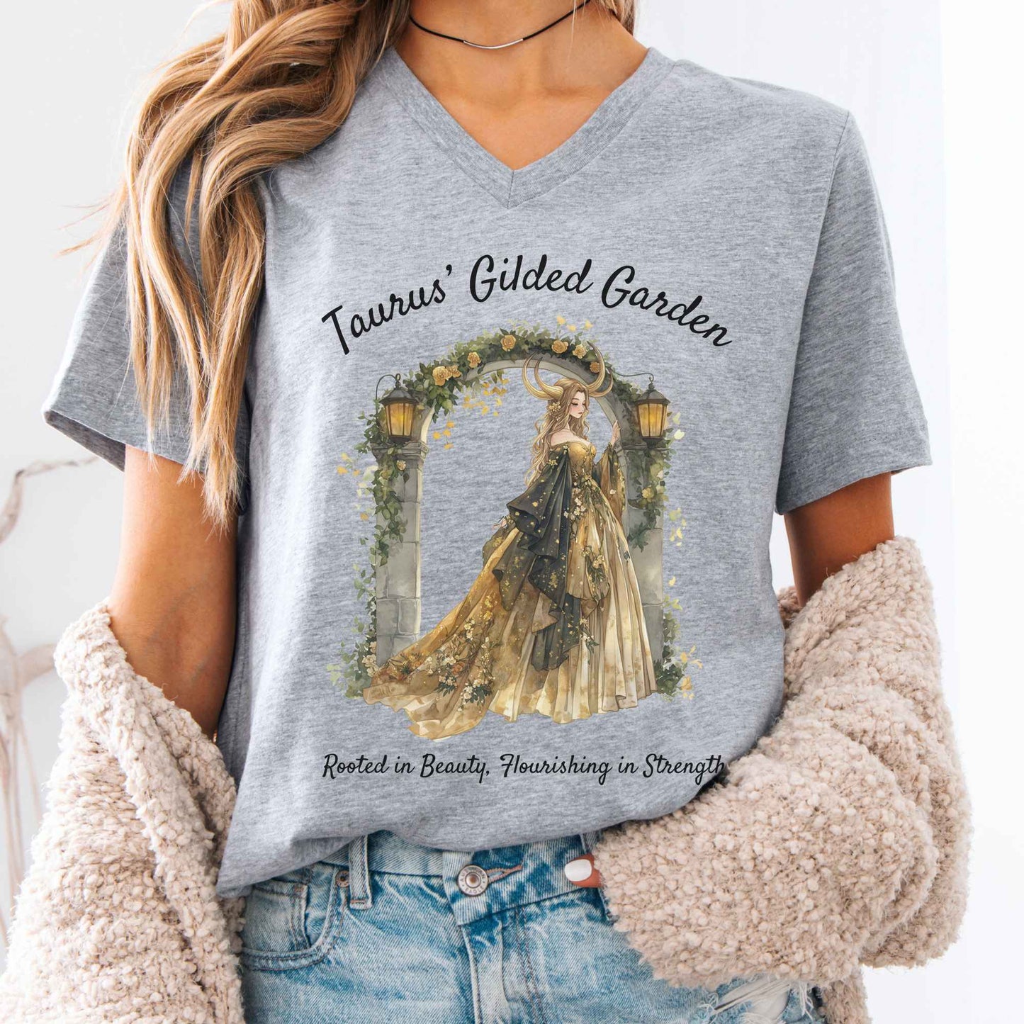 V-neck Athletic Heather / S Taurus' Gilded Garden Zodiac V-Neck Tee The Mystic Eden