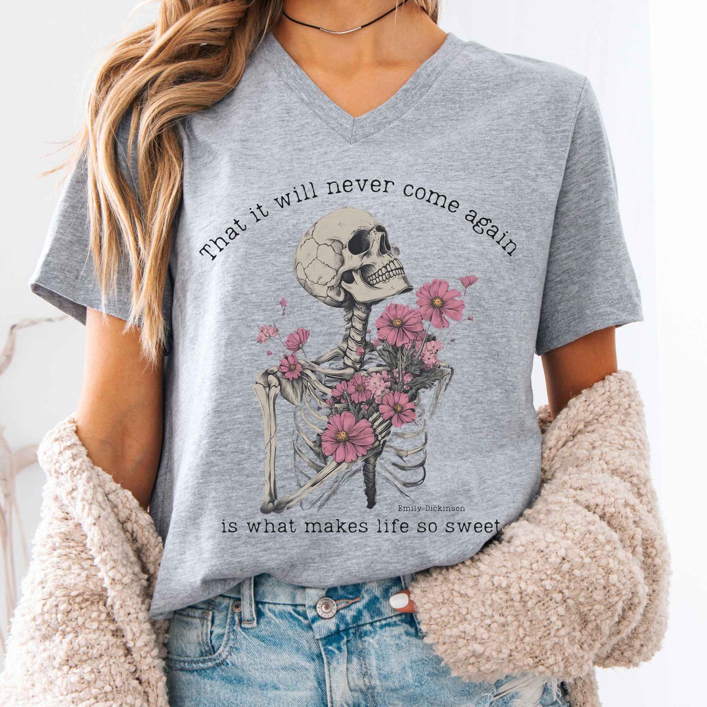 V-neck Athletic Heather / S That It Will Never Come Again Is What Makes Life So Sweet Emily Dickinson V-Neck Tee The Mystic Eden