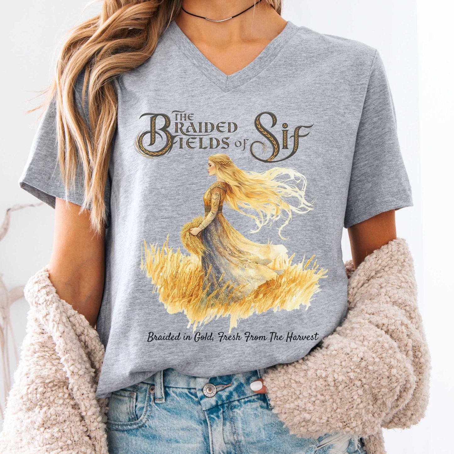 V-neck Athletic Heather / S The Braided Fields of Sif Norse Mythology V-Neck Tee The Mystic Eden
