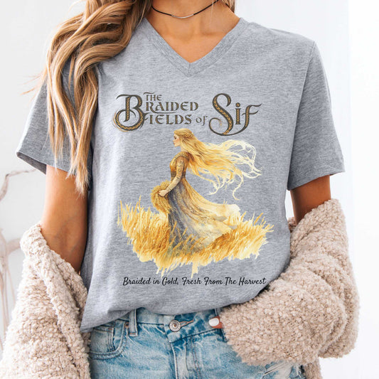 V-neck Athletic Heather / S The Braided Fields of Sif Norse Mythology V-Neck Tee The Mystic Eden