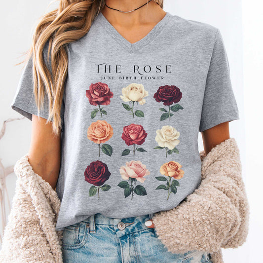 V-neck Athletic Heather / S The Rose June Birth Month Flower V-Neck Tee The Mystic Eden
