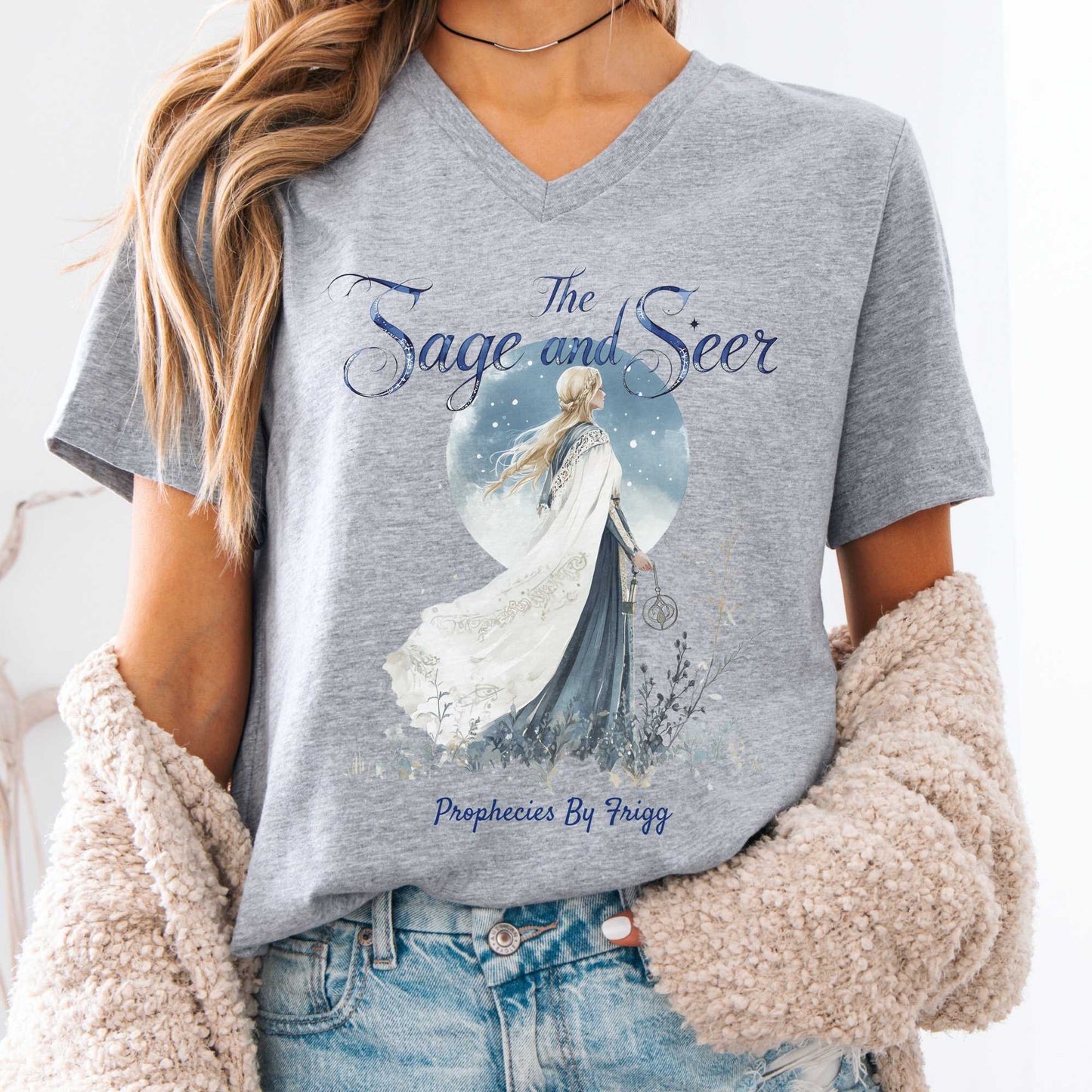V-neck Athletic Heather / S The Sage & Seer Prophecies By Frigg Norse Mythology V-Neck Tee The Mystic Eden