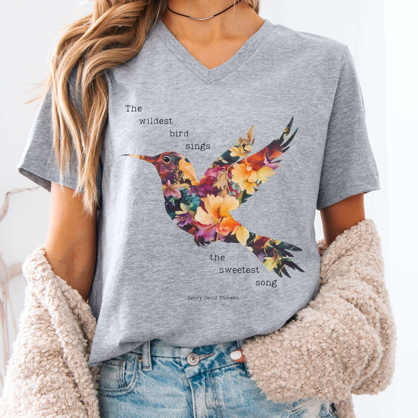 V-neck Athletic Heather / S Thoreau V-neck Shirt Where The Wildest Bird Sings The Mystic Eden