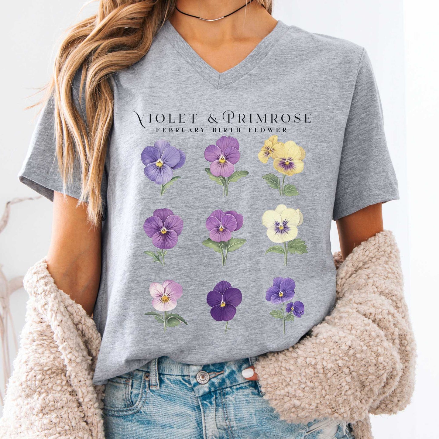 V-neck Athletic Heather / S Violet & Primrose February Birth Month Flower V-Neck Tee The Mystic Eden