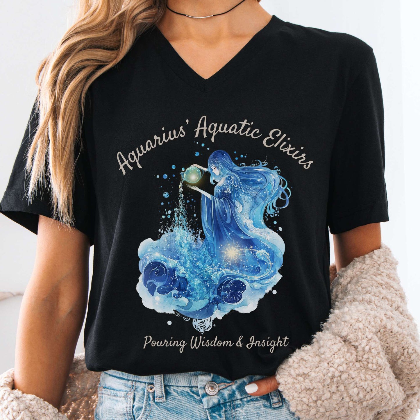 V-neck Black / S Aquarius' Aquatic Elixirs Zodiac V-Neck Tee The Mystic Eden