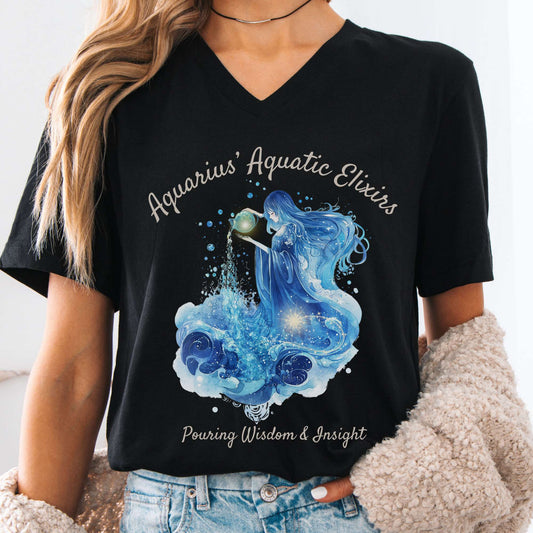 V-neck Black / S Aquarius' Aquatic Elixirs Zodiac V-Neck Tee The Mystic Eden