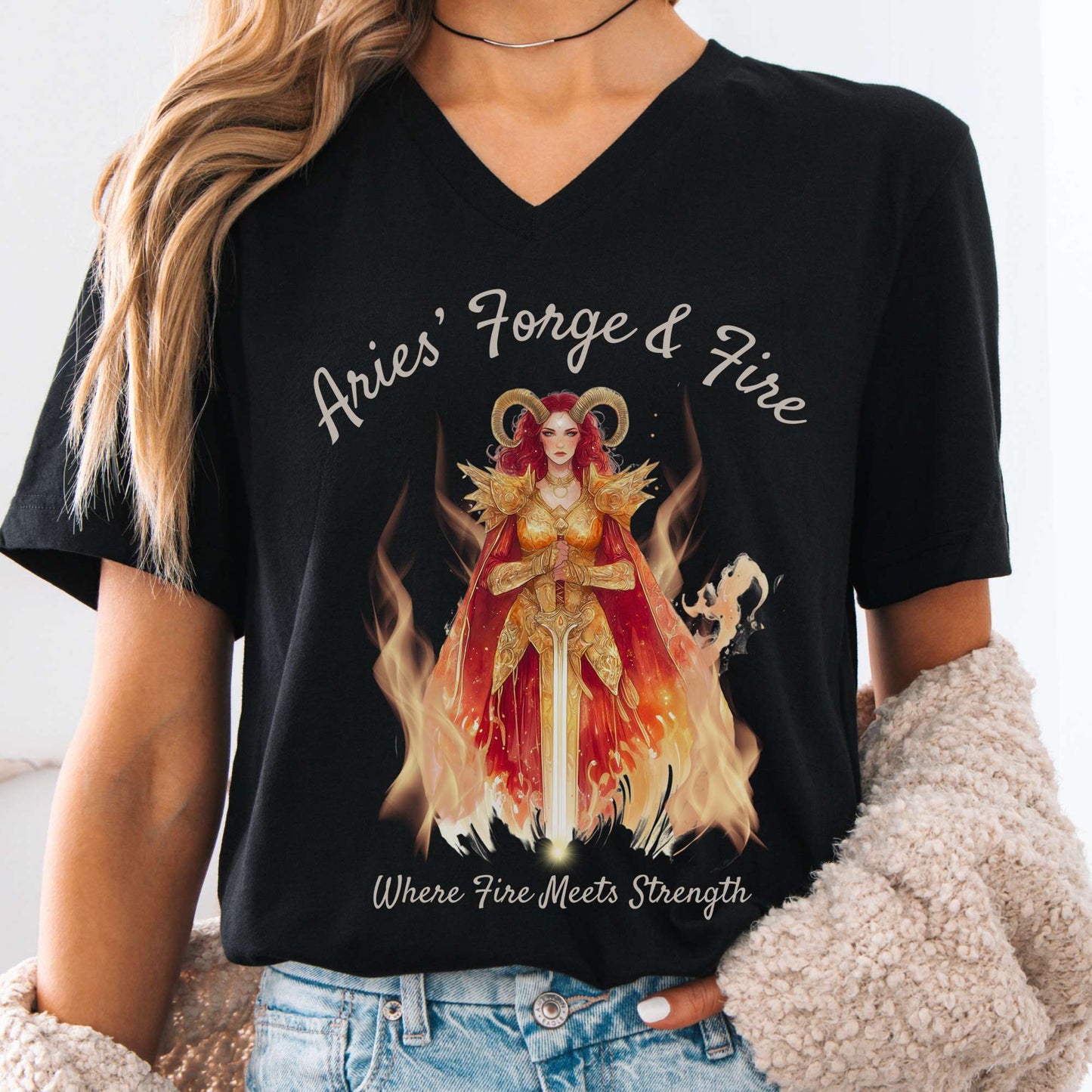 V-neck Black / S Aries' Forge & Fire Zodiac V-Neck Tee The Mystic Eden