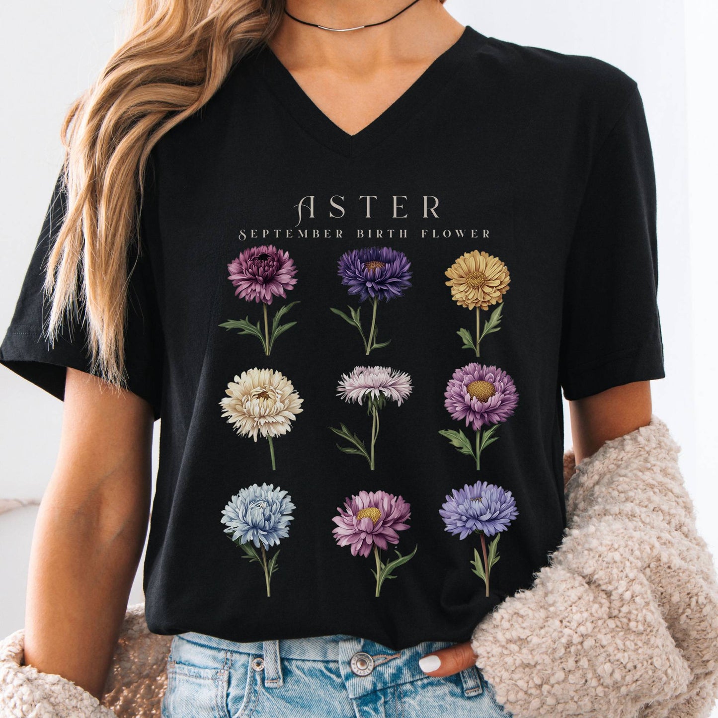 V-neck Black / S Aster September Birth Month Flower V-Neck Tee The Mystic Eden
