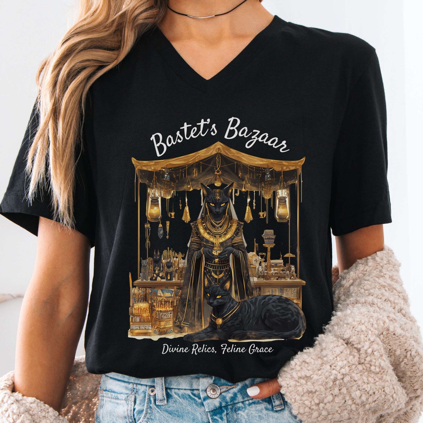 V-neck Black / S Bastet's Bazaar Goddess V-Neck Tee The Mystic Eden