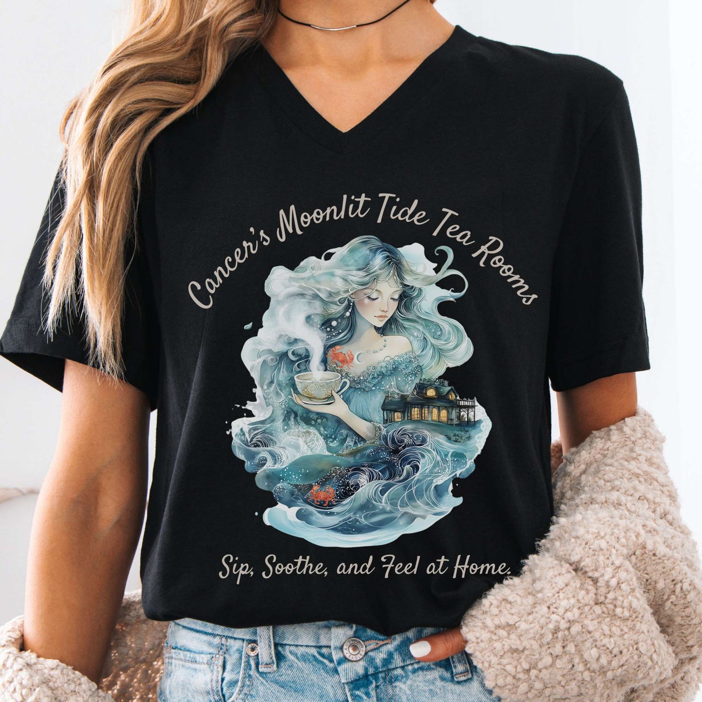 V-neck Black / S Cancer's Moonlit Tide Tea Rooms Zodiac V-Neck Tee The Mystic Eden