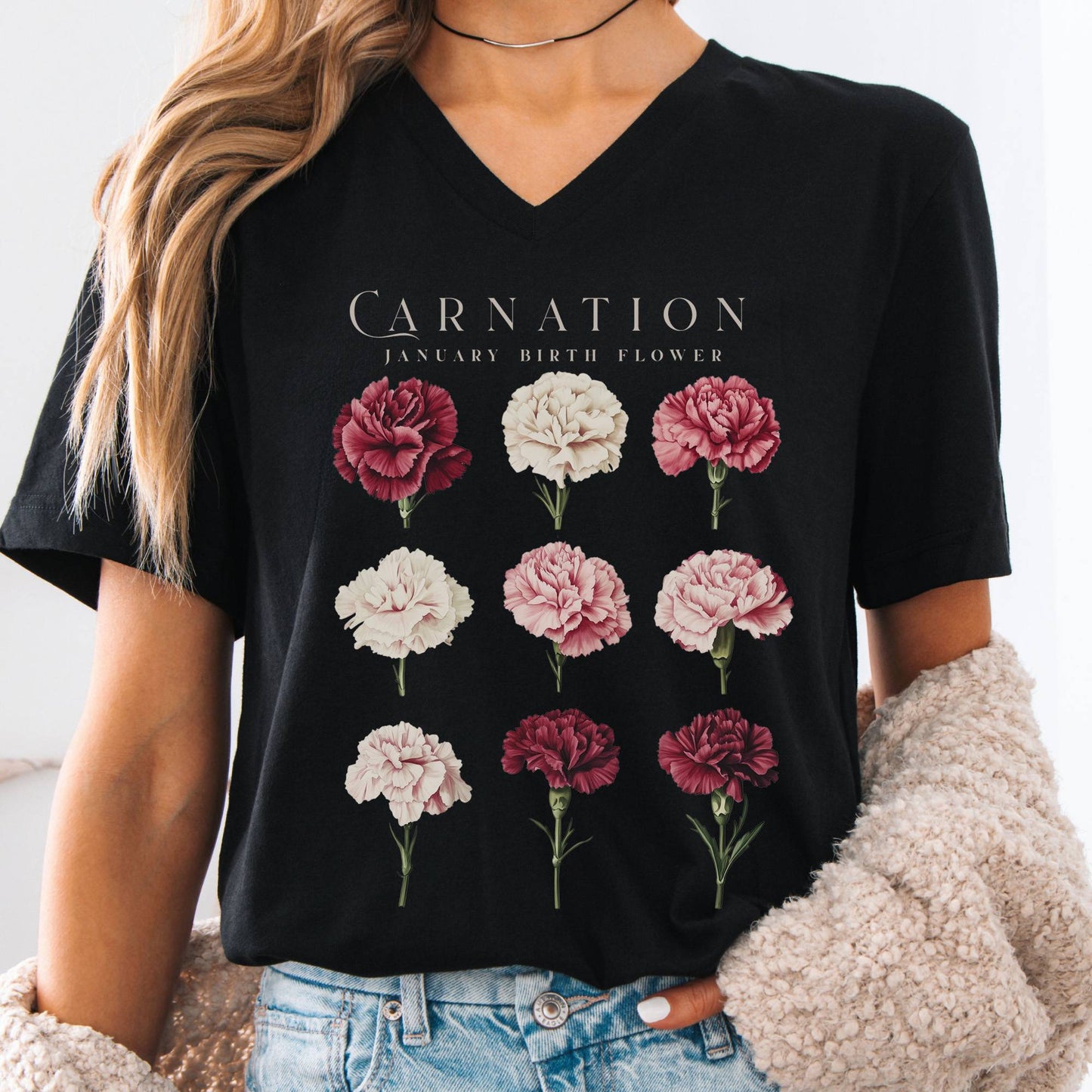 V-neck Black / S Carnation January Birth Month Flower V-Neck Tee The Mystic Eden